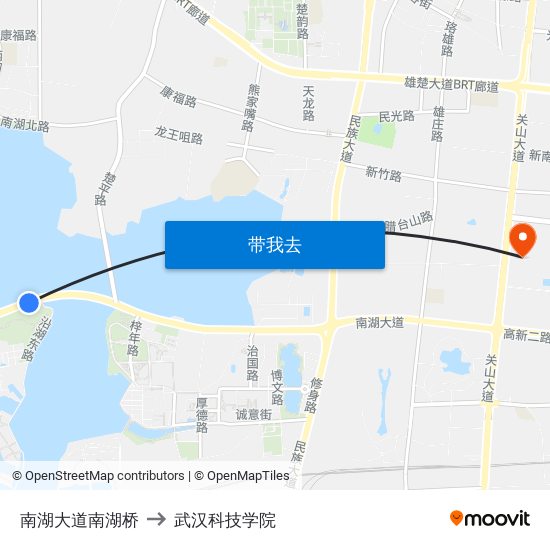 南湖大道南湖桥 to 武汉科技学院 map