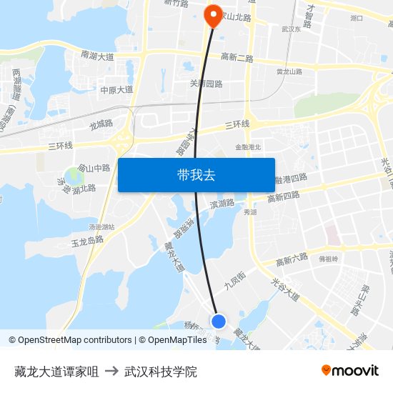 藏龙大道谭家咀 to 武汉科技学院 map