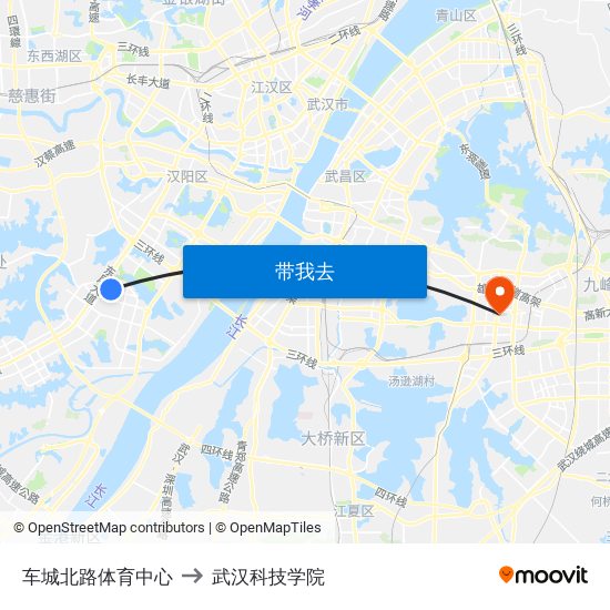 车城北路体育中心 to 武汉科技学院 map