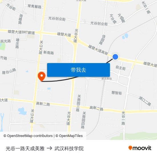 光谷一路天成美雅 to 武汉科技学院 map