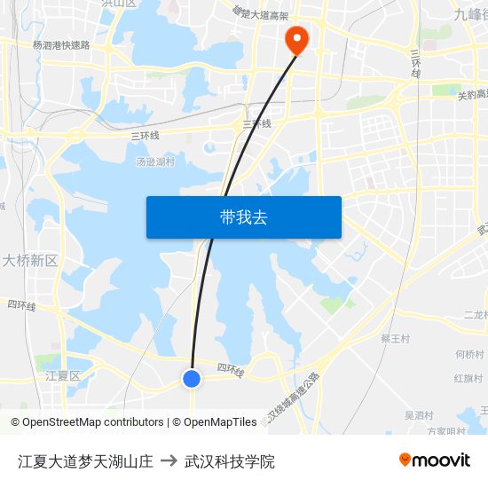 江夏大道梦天湖山庄 to 武汉科技学院 map