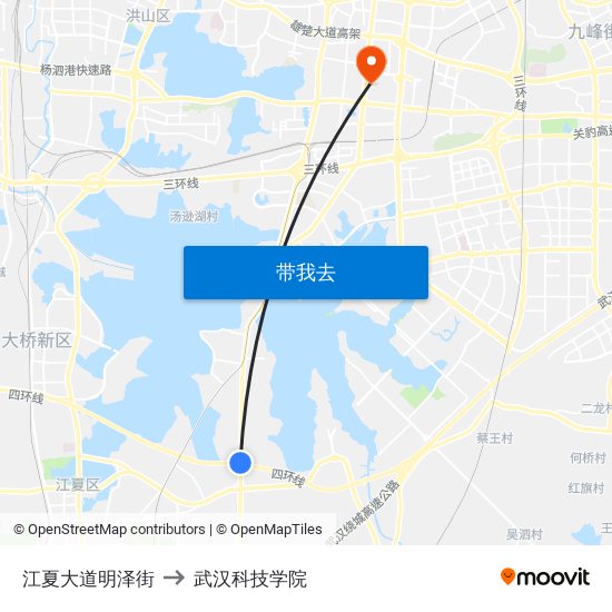 江夏大道明泽街 to 武汉科技学院 map