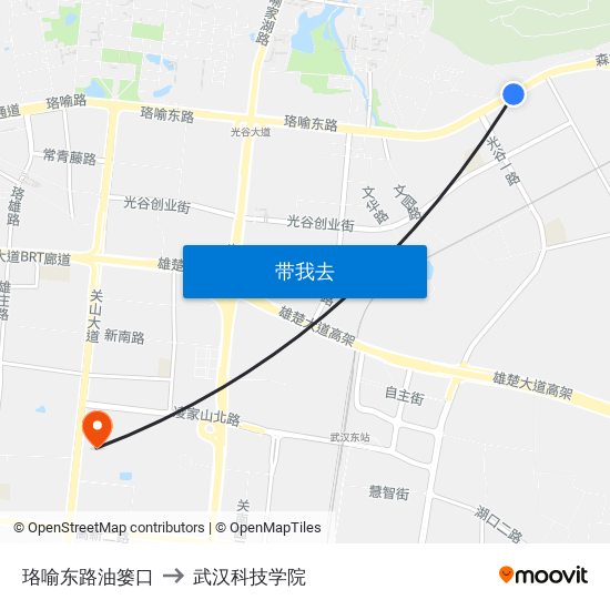 珞喻东路油篓口 to 武汉科技学院 map