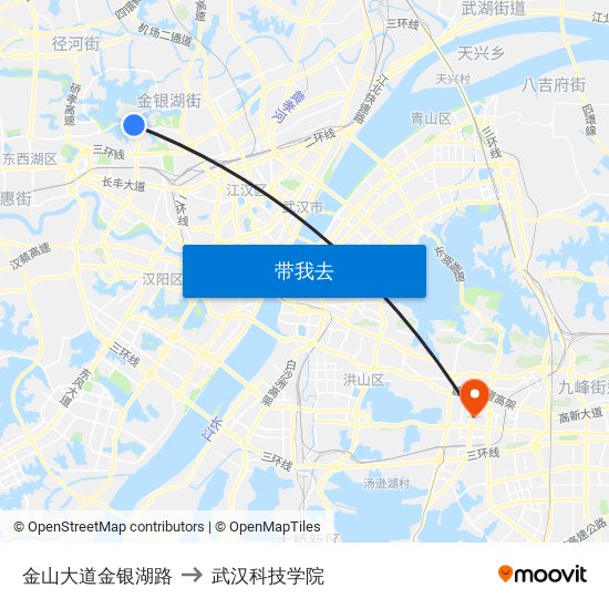金山大道金银湖路 to 武汉科技学院 map
