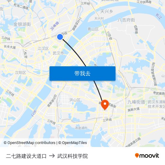 二七路建设大道口 to 武汉科技学院 map