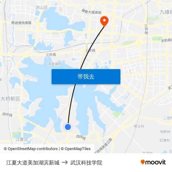 江夏大道美加湖滨新城 to 武汉科技学院 map