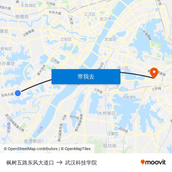 枫树五路东风大道口 to 武汉科技学院 map