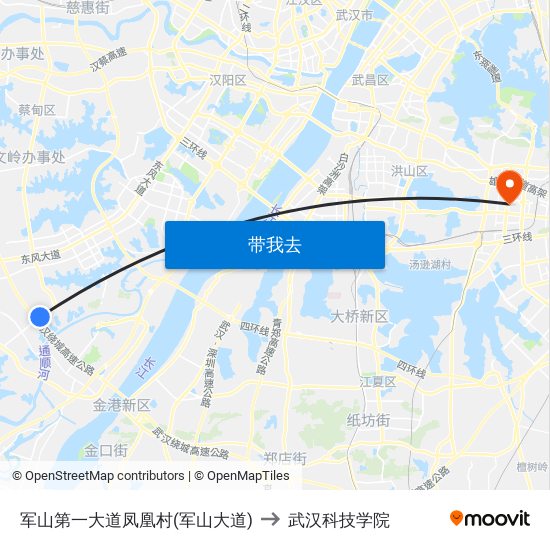 军山第一大道凤凰村(军山大道) to 武汉科技学院 map