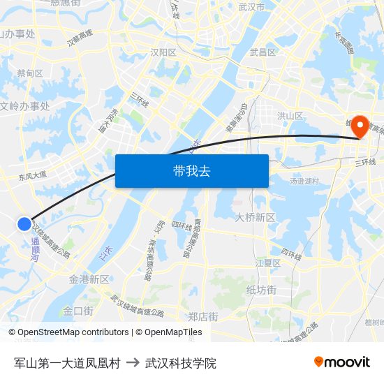 军山第一大道凤凰村 to 武汉科技学院 map