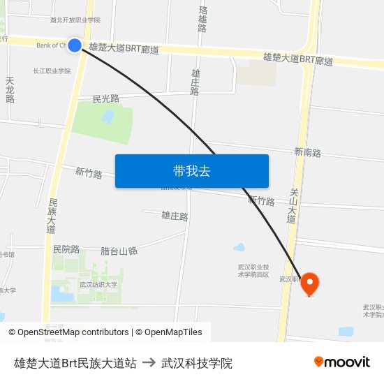 雄楚大道Brt民族大道站 to 武汉科技学院 map