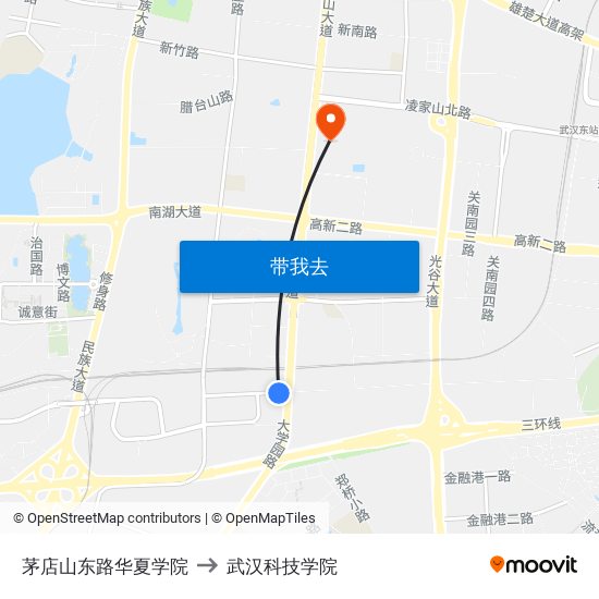 茅店山东路华夏学院 to 武汉科技学院 map