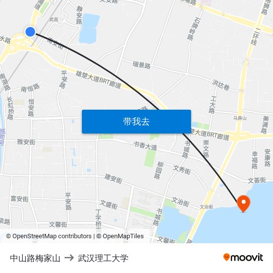 中山路梅家山 to 武汉理工大学 map