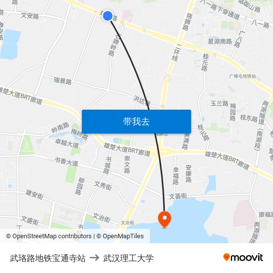 武珞路地铁宝通寺站 to 武汉理工大学 map