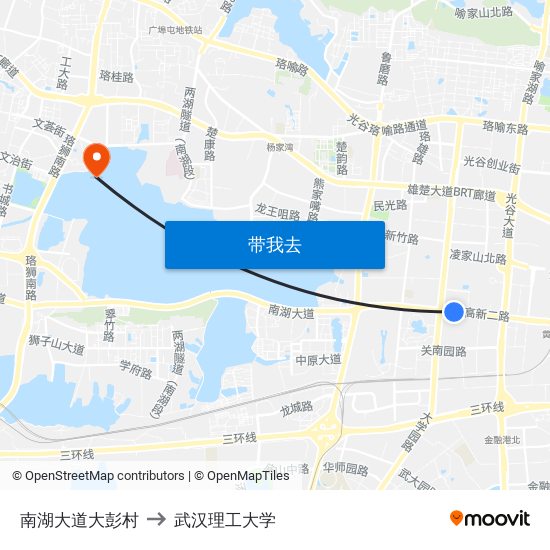 南湖大道大彭村 to 武汉理工大学 map