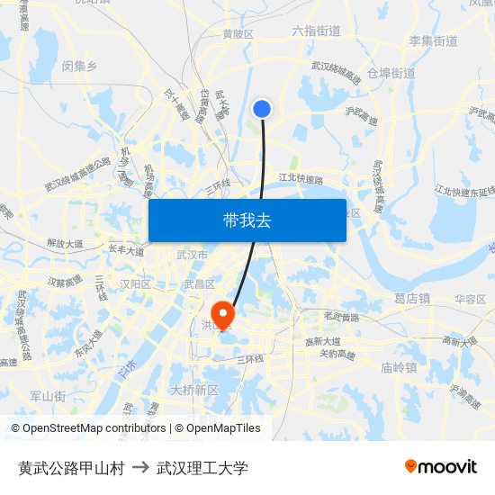 黄武公路甲山村 to 武汉理工大学 map