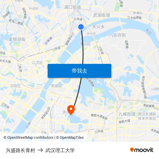 兴盛路长青村 to 武汉理工大学 map