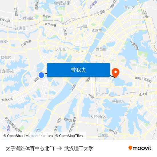 太子湖路体育中心北门 to 武汉理工大学 map