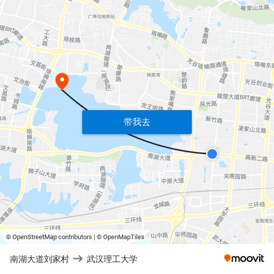 南湖大道刘家村 to 武汉理工大学 map