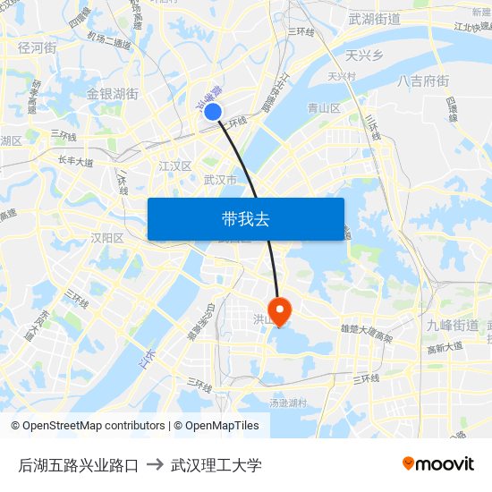 后湖五路兴业路口 to 武汉理工大学 map