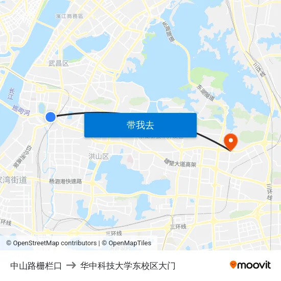 中山路栅栏口 to 华中科技大学东校区大门 map