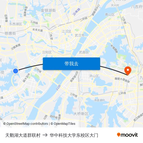 天鹅湖大道群联村 to 华中科技大学东校区大门 map