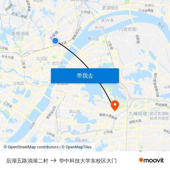 后湖五路淌湖二村 to 华中科技大学东校区大门 map