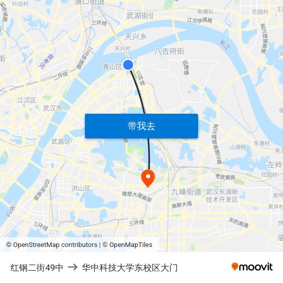 红钢二街49中 to 华中科技大学东校区大门 map