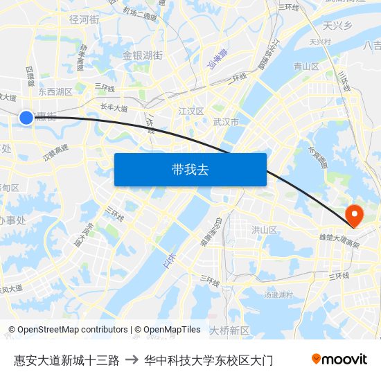 惠安大道新城十三路 to 华中科技大学东校区大门 map