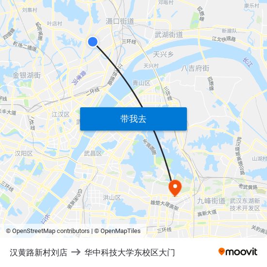 汉黄路新村刘店 to 华中科技大学东校区大门 map