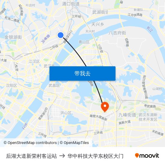 后湖大道新荣村客运站 to 华中科技大学东校区大门 map