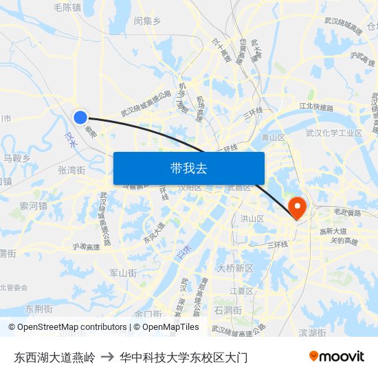 东西湖大道燕岭 to 华中科技大学东校区大门 map