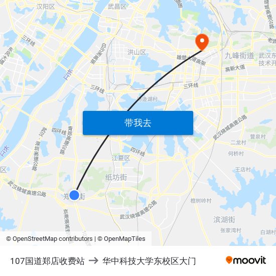 107国道郑店收费站 to 华中科技大学东校区大门 map