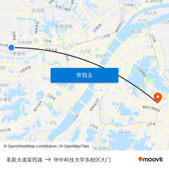 革新大道富民路 to 华中科技大学东校区大门 map