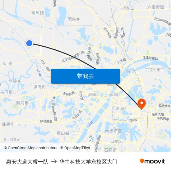 惠安大道大桥一队 to 华中科技大学东校区大门 map