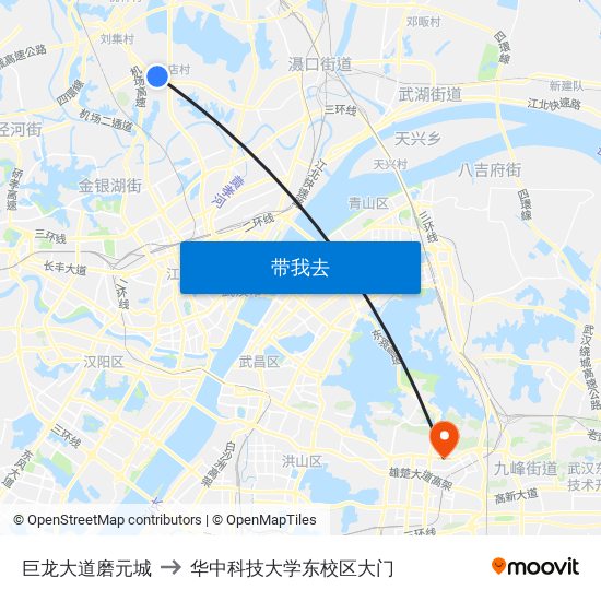 巨龙大道磨元城 to 华中科技大学东校区大门 map