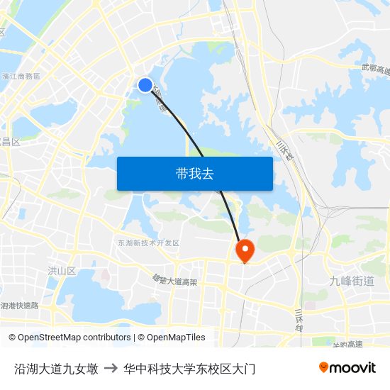 沿湖大道九女墩 to 华中科技大学东校区大门 map