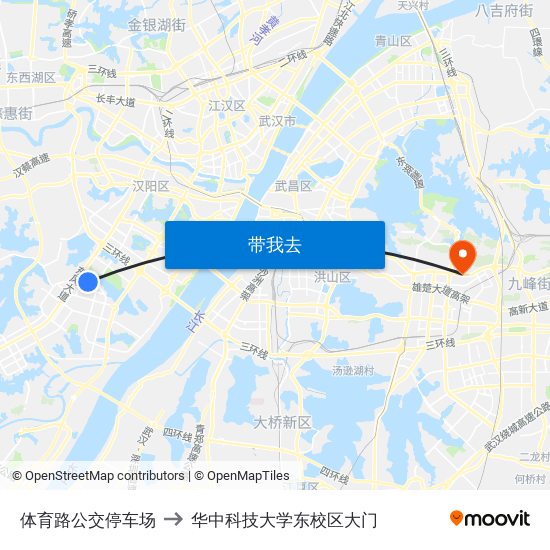 体育路公交停车场 to 华中科技大学东校区大门 map