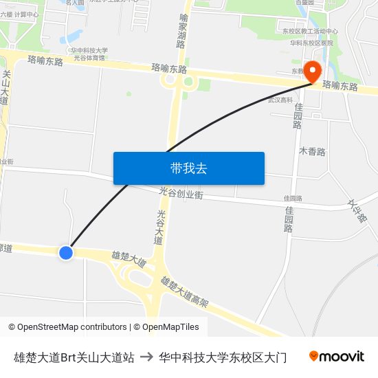 雄楚大道Brt关山大道站 to 华中科技大学东校区大门 map