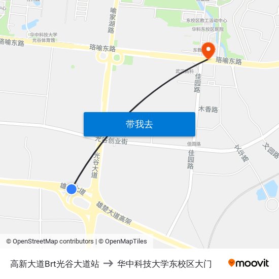 高新大道Brt光谷大道站 to 华中科技大学东校区大门 map