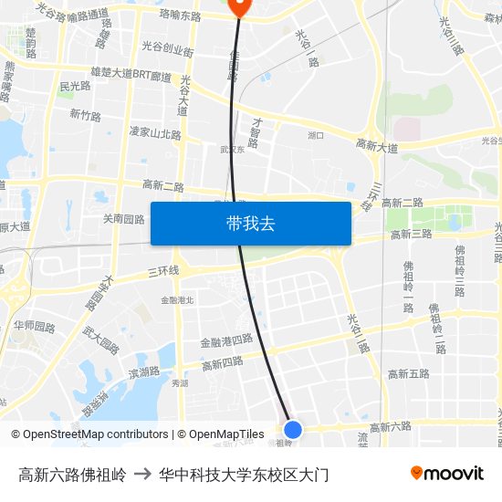 高新六路佛祖岭 to 华中科技大学东校区大门 map