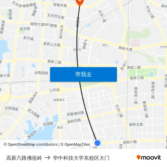高新六路佛祖岭 to 华中科技大学东校区大门 map