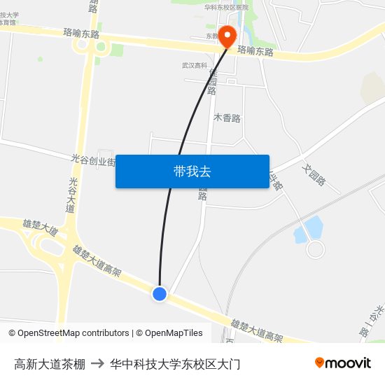 高新大道茶棚 to 华中科技大学东校区大门 map