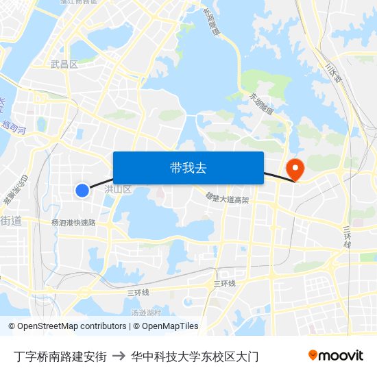 丁字桥南路建安街 to 华中科技大学东校区大门 map