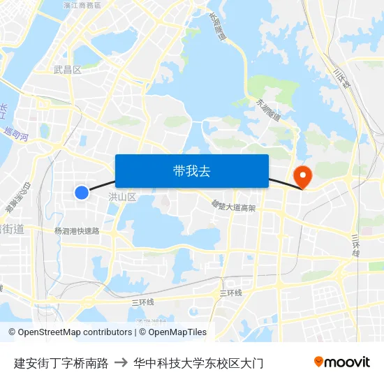 建安街丁字桥南路 to 华中科技大学东校区大门 map