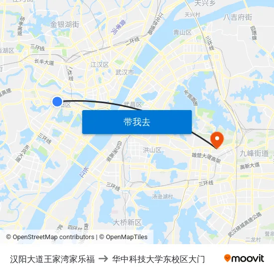 汉阳大道王家湾家乐福 to 华中科技大学东校区大门 map