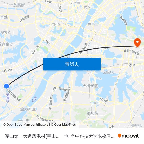 军山第一大道凤凰村(军山大道) to 华中科技大学东校区大门 map