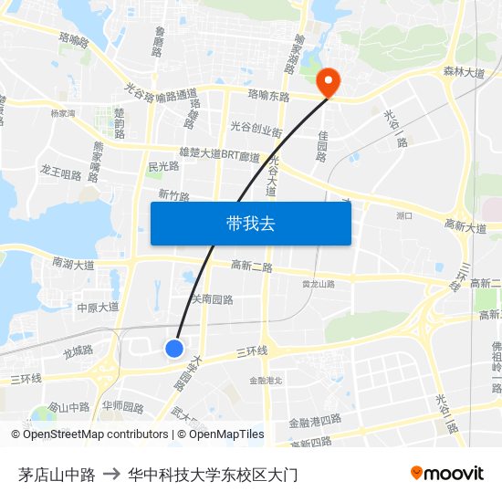 茅店山中路 to 华中科技大学东校区大门 map