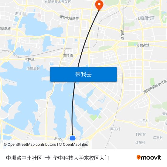 中洲路中州社区 to 华中科技大学东校区大门 map