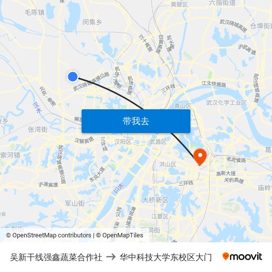 吴新干线强鑫蔬菜合作社 to 华中科技大学东校区大门 map