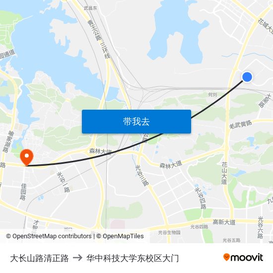 大长山路清正路 to 华中科技大学东校区大门 map